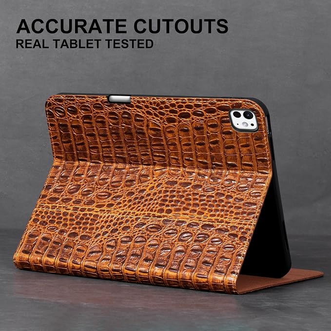 Leather Case for iPad Pro 13 Inch M5/M4 2025/2024Silver Black | Genuine Leather Cover with Pencil HolderProtective Smart Folio Auto Sleep/WakeShockproofAdjustable Stand