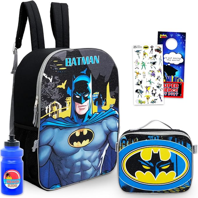 DC Comics Batman Backpack with Lunch Box Set - Bundle with 16” Superhero School Bag, Lunch Box, Water Bottle, Stickers, More | Batman Backpack for Boys, Kids