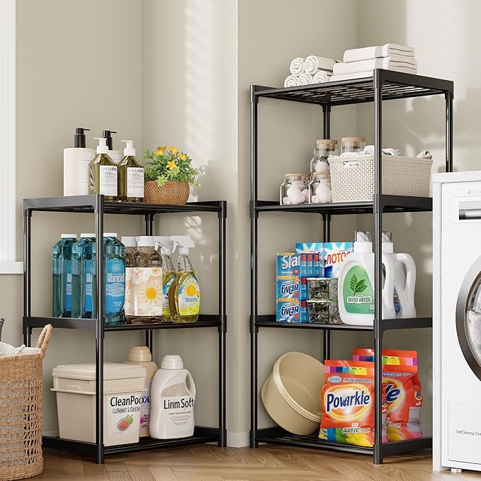 3-Tier Storage Shelves with Plastic Connectors – Metal Shelf Organizer for Pantry, Closet & Bathroom, Space-Saving Sturdy Shelving Unit Rack, Black, 17.3" x 12.8" x 28.9"
