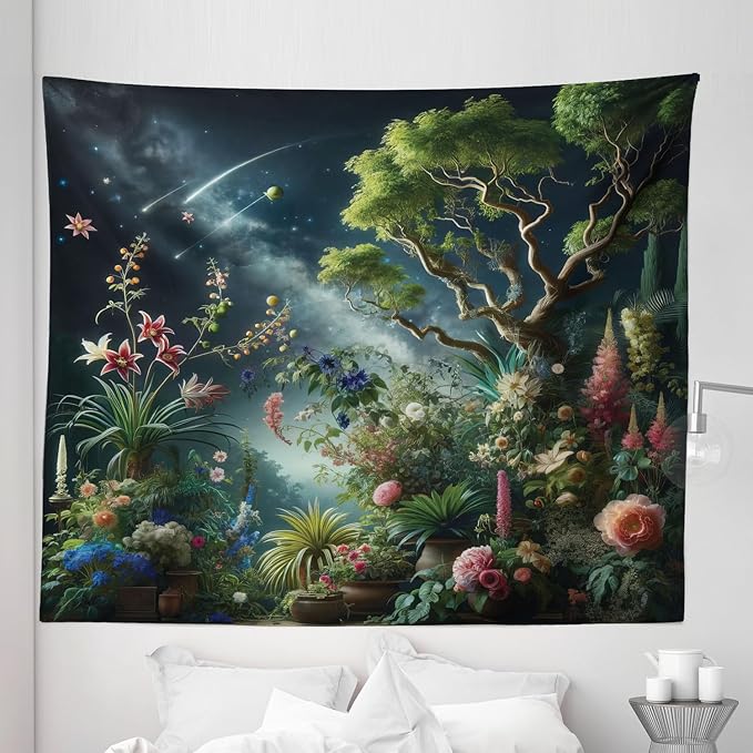 Ambesonne Aesthetic Tapestry King Size, Exotic Forest of Twilight with Trees Bushes and Flowers Falling Stars, Wall Hanging Bedspread Bed Cover Wall Decor, 104" X 88", Green Dark Night Blue