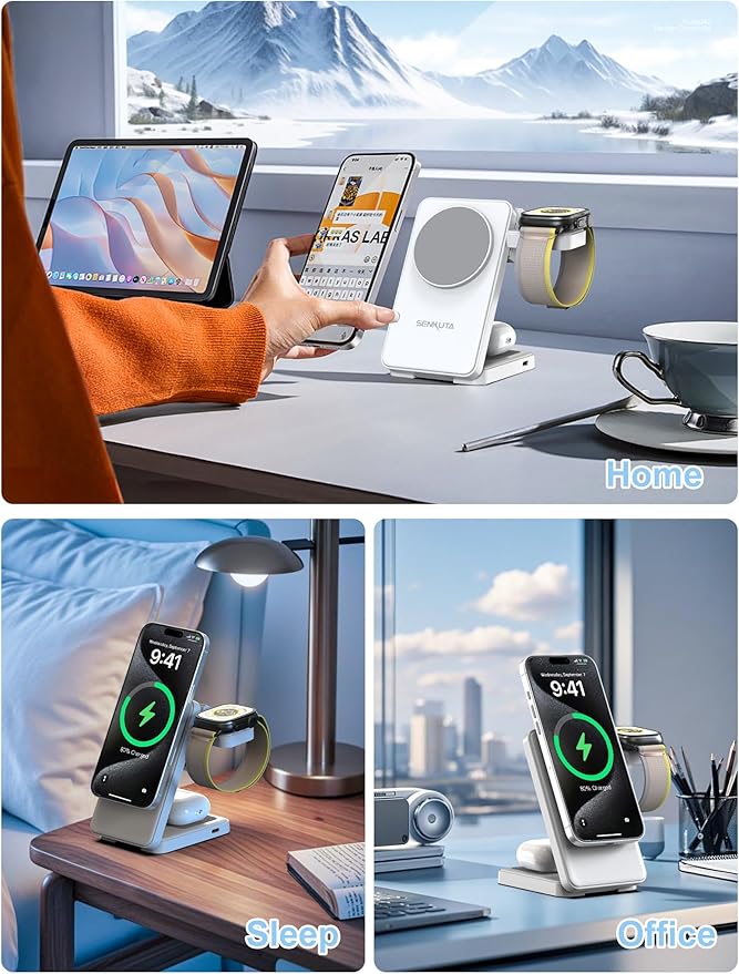 2025 Upgraded Wireless Charger for Apple: 3 in 1 Charging Station Foldable Fast for Apple iPhone 16/15/14/13/12 Max Plus Series - Portable Travel Charger for Apple Watch/Airpods Pro (White)