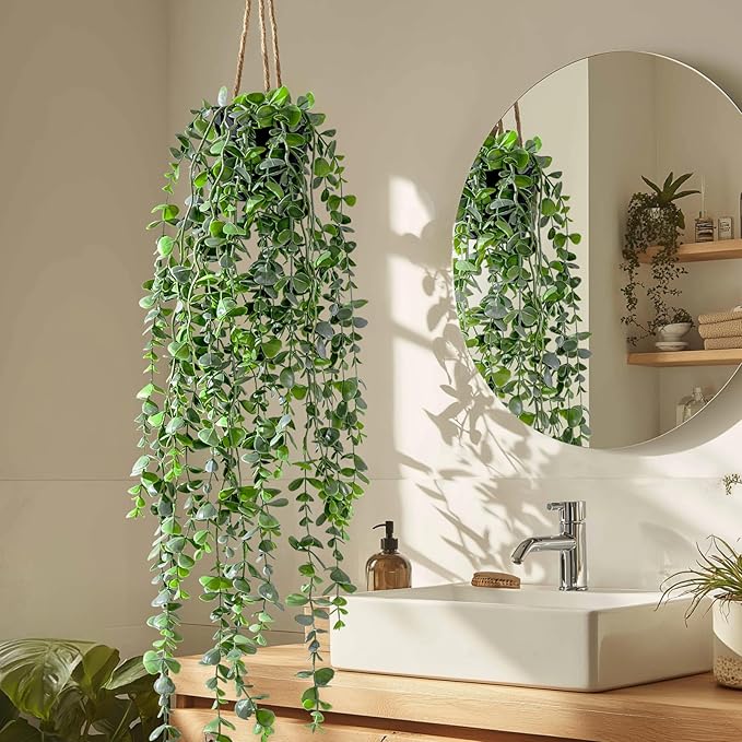 Artificial Hanging Plant 2 Pcs Faux Plant Ivy Vine Faux Eucalyptus Vines Fake Potted Greenery for Wall Living Room Home Shelf Office Bathroom Outdoor Indoor Decor (Type 6)
