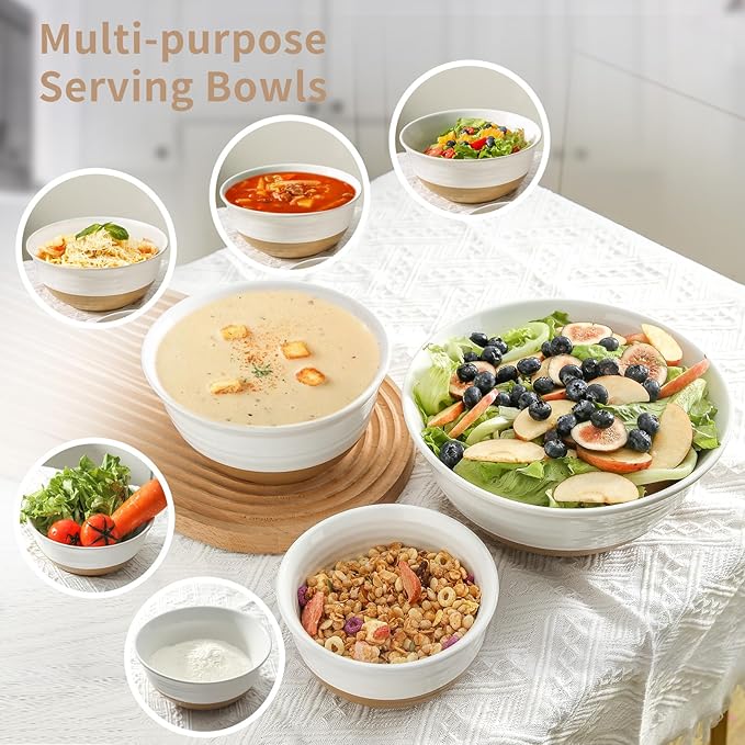 HASENSE Serving Bowls,Ceramic Mixing Bowls, Large Salad Pasta Bowls Set, 2.1/1.0/0.5 Qt for Entertaining, White Nesting Batter Bowls for Prepping Baking, Dishwasher Microwave Safe, Set of 3