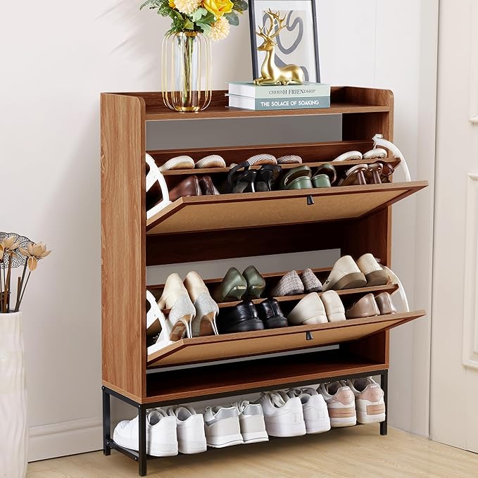 LEVNARY Shoe Storage Cabinet with 2 Flip Drawers, Wooden Narrow Shoe Cabinet Storage for Entryway, Freestanding Shoe Rack Organizer Cabinet with Metal Legs for Hallway (1, Walnut)