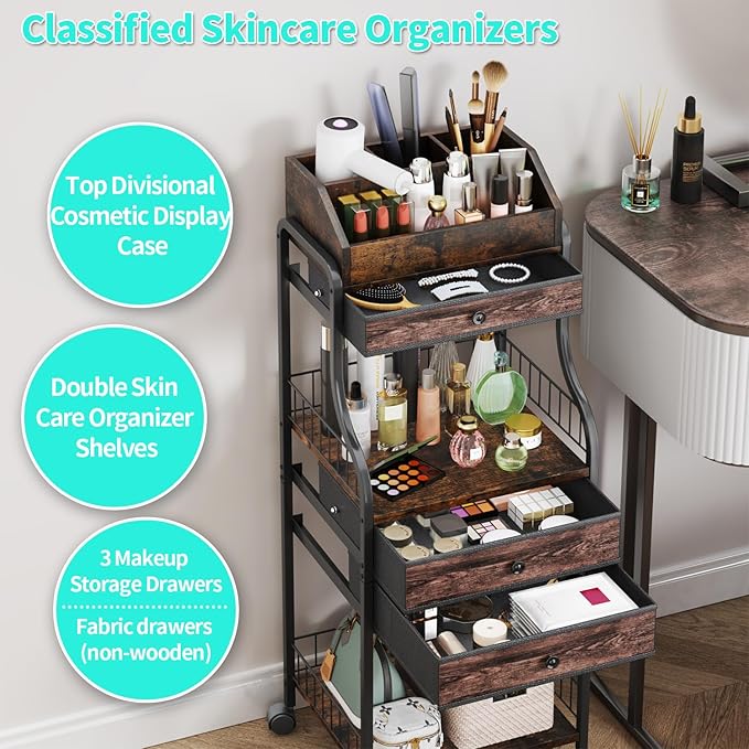 HapiRm Floor Makeup Organizer Storage - Vanity Skincare Make Up Organizers and Storage with Drawers, Cosmetics Display Cases Holder for Skin Care Nail Polish Perfume Makeup Brush