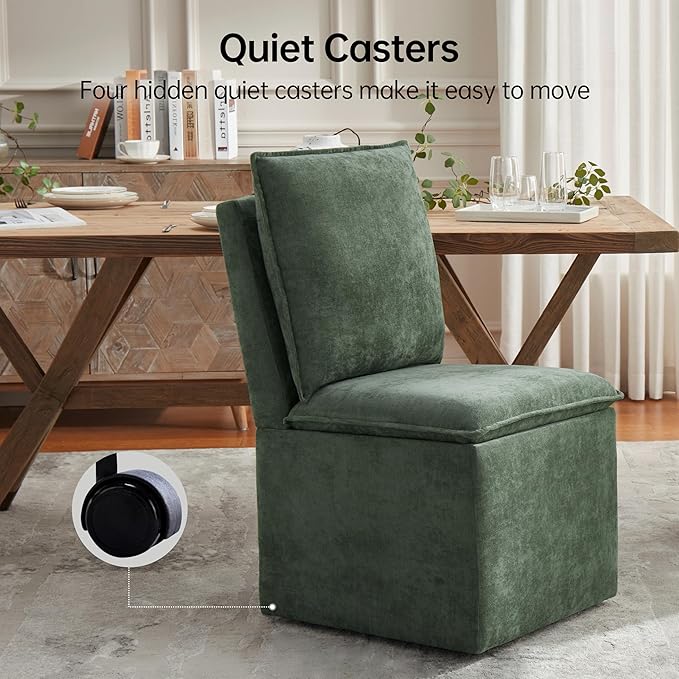 VKNOW Upholstered Dining Chairs, Modern Rolling Chairs with Storage and Wheels, Linen Armless Chair with Cushion and Backrest, Dining Room Chairs for Living Room Kitchen Bedroom, Green