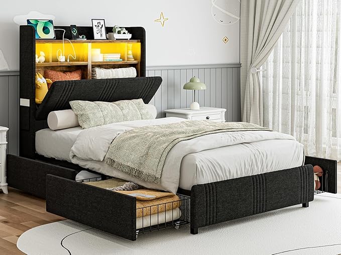 IKIFLY 49.2" Tall Twin XL Bed Frames with 4 Storage Drawers, Upholstered Wingback Hidden Storage Headboard with LED Lights & Charging Station, Solid Wood Slats, No Box Spring Needed, Black
