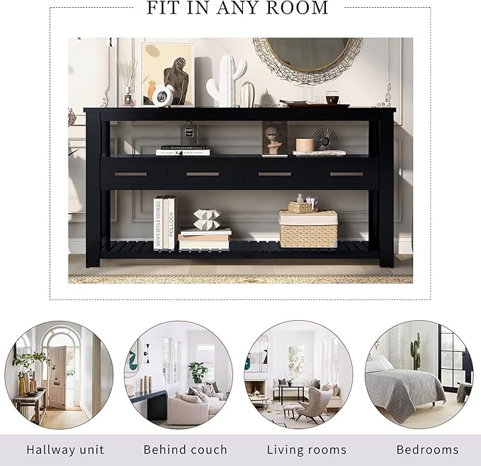 Modern 62'' Console Table Sofa Entryway Table with 4 Drawers and 2 Shelves, Acacia Wood Kitchen Buffet Cabinet Sideboard, Accent Table Furniture for Entryway Kitchen Living Room (Black-4DE)