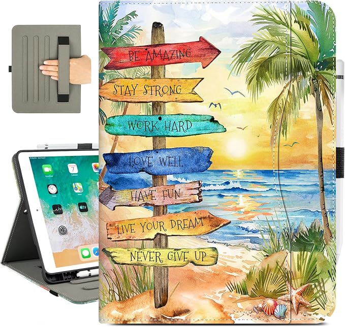 Vimorco for iPad 9th/8th/7th Generation Case 10.2-inch Pencil Holder/Pocket | for iPad Air 3rd Generation Case 10.5-inch for iPad Pro 10.5 Inch Cases Hand Strap Adjustable Angle Beach Path Scenery