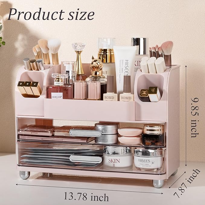 Anyoifax Makeup Organizer Countertop with Large Drawers, Vanity Organizer with Brush Holder, Skin Care Storage for Dresser, Perfume Organizer for Lotion, Lipsitck, Palette, Pink
