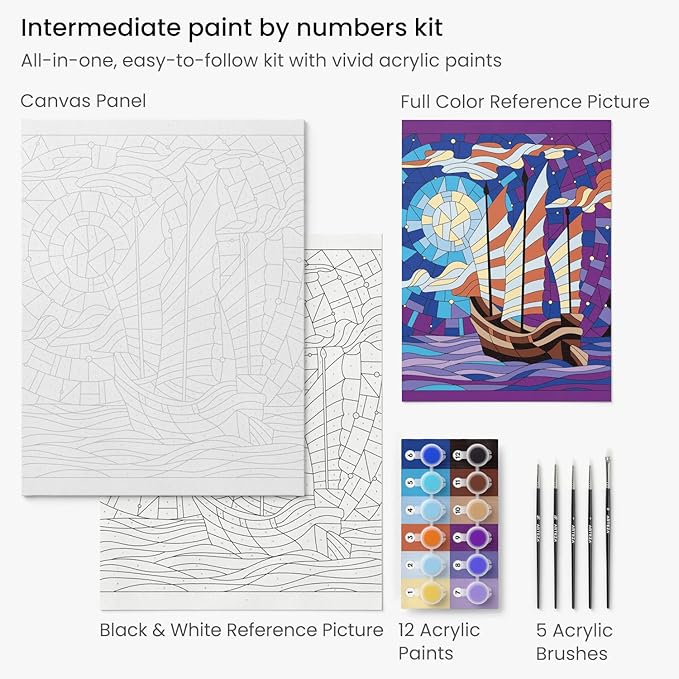Arteza Paint by Number for Adults, 12x16 Inches, 21 Pieces, Boat Paint by Numbers Kit, Comes with 1 Canvas Panel, 12 Acrylic Paint Pots, 5 Paintbrushes, Art Supplies for Beginners & Hobby Painters