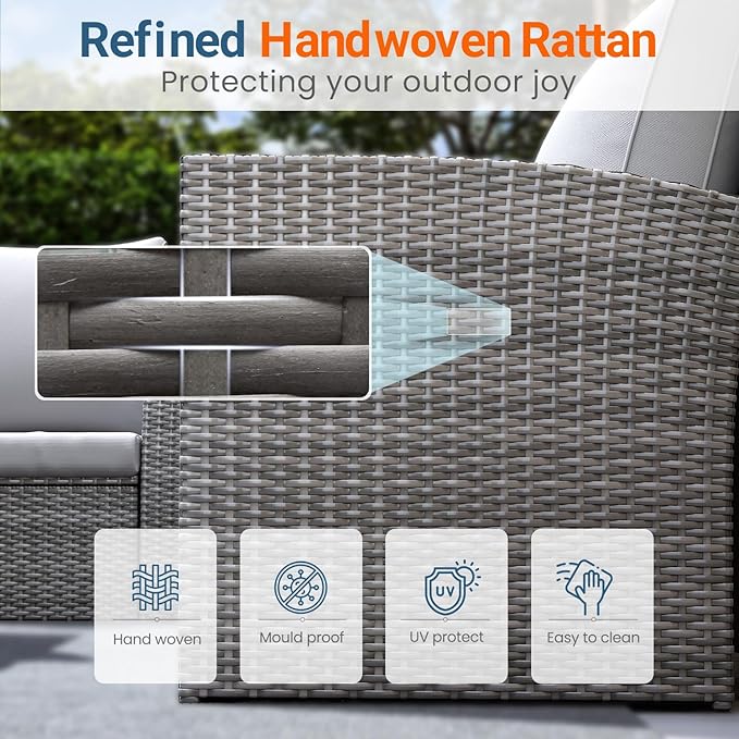 Wisteria Lane 4 Piece Patio Furniture Set, Wicker Outdoor Patio Conversation Furniture Set, All Weather Outdoor Patio Sofa with Cushion and Glass Table, Grey