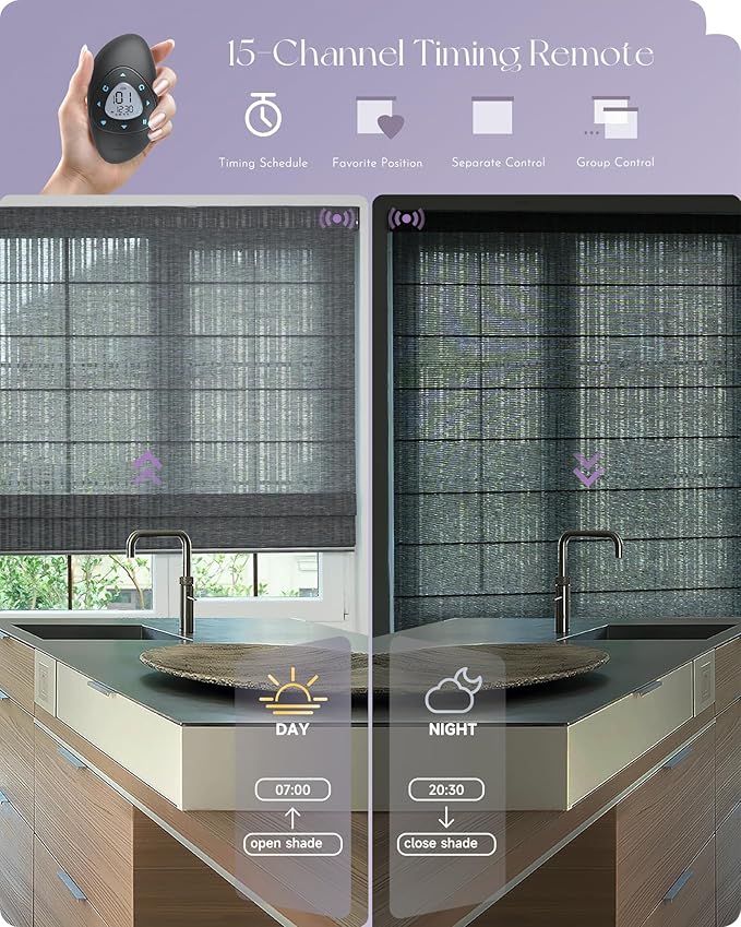 Graywind Smart Natural Roman Shades Compatible with Alexa Google Rechargeable Light Filtering Motorized Blinds with Remote Plain Fold for Doors Bedroom, Custom Size (Striped Charcoal)