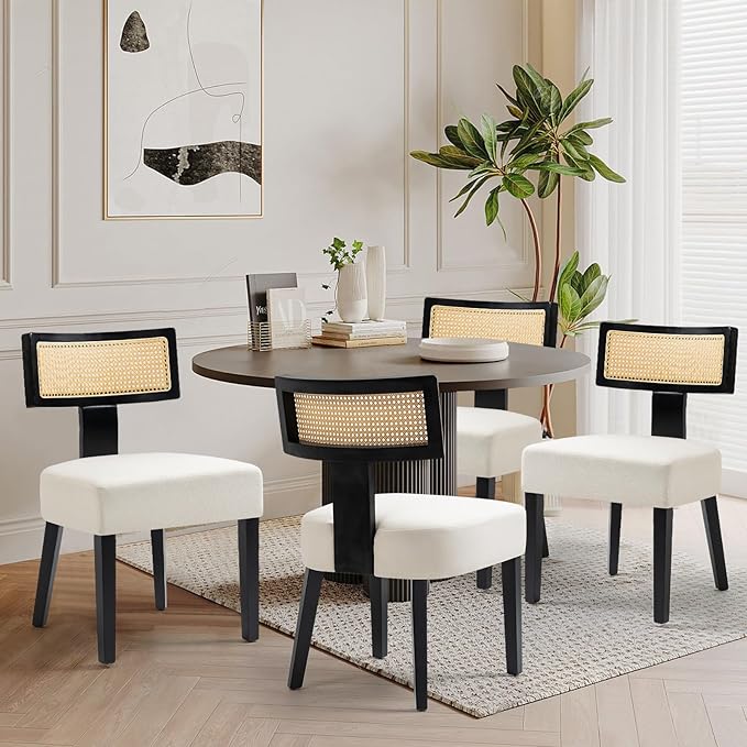 Rattan Dining Chairs Set of 4, Mid-Century Modern Fabric Upholstered Dining Room Chairs with Black Hardwood Frame, Curved Backrest Kitchen Chair Armless Accent Chairs for Dining Room (Cream)