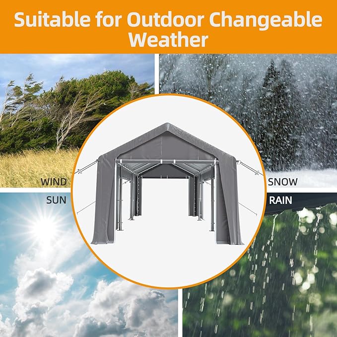 12x20ft Heavy Duty Carport Outdoor Canopy Portable Garage with 4 Doors & 4 Windows Waterproof UV Resistant Storage Shelter with Removable Sidewalls for Car Truck Boat, Gray