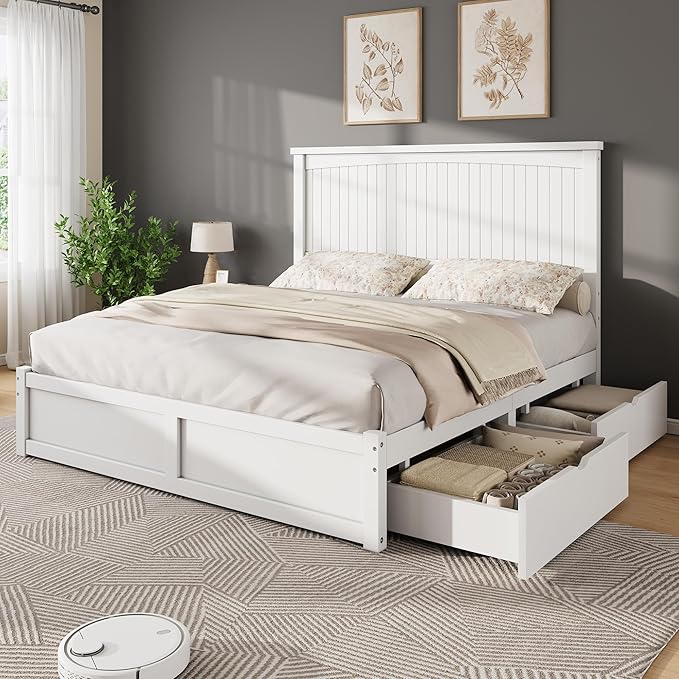 AMERLIFE Queen Size Solid Wood Bed Frame with 50" Tall Headboard, Mid-Century Modern Bed with Storage, Wooden Platform Bed with 2 Drawers, No Box Spring Needed, White