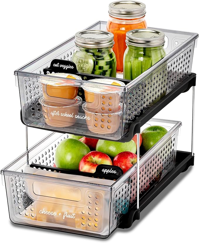 madesmart Premium 2 Tier Organizer, Undersink Storage with Pull Out Sliding Drawers, for Cleaning Supplies, Pantry, Sponges, Bottles, Adjustable Dividers & Pull Out Sliding Baskets, Smoke