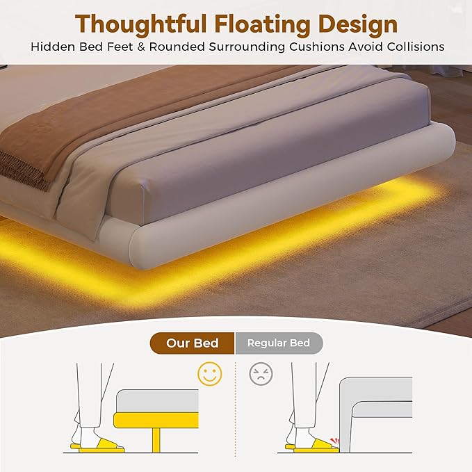 Queen Size Floating Bed Frame with LED Lights, Velvet Upholstered HeadboardBed Frame, Rounded Corners, Charging Station, No Box Spring Needed, Easy Assembly, White