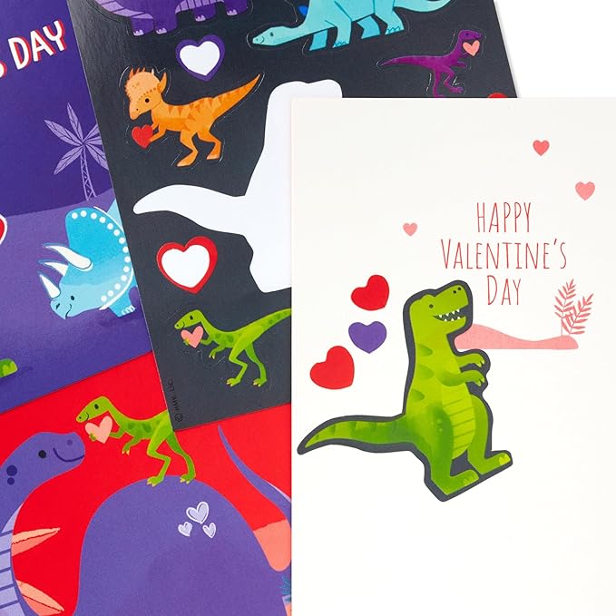 Hallmark Valentine's Day Cards and Stickers for Kids School, Dinosaur (24 Classroom Valentines with Envelopes)