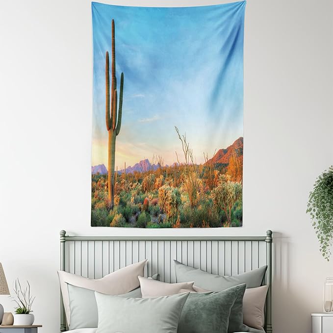 Ambesonne Saguaro Tapestry Queen Size, Sun Goes down in Desert Prickly Pear Cactus Southwest Texas National Park, Wall Hanging Bedspread Bed Cover Wall Decor, 88" X 88", Orange and Blue