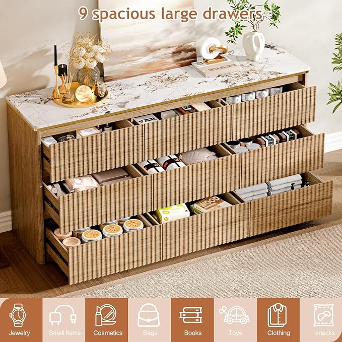 Fluted Dresser for Bedroom with 9 Drawers,62.99" Modern Chest of Drawers with Faux Marble Top, Curved Profile Design,Dresser TV Stand, Wood Drawer Organizer for Living Room, Hallway, Wood