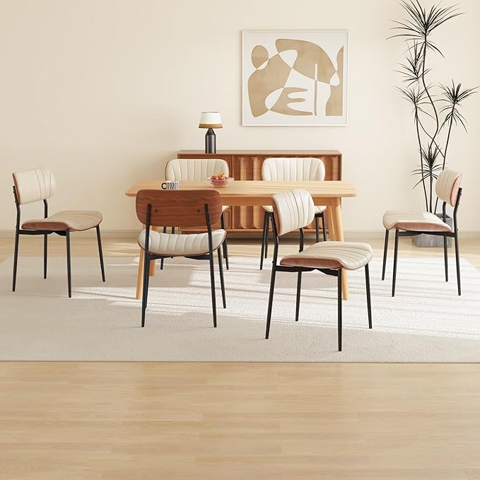 Modern PU Leather Dining Room Chairs Set of 4, Upholstered Kitchen Chairs with Curved Wood Backrest and Metal Legs Adjustable Feet for Kitchen Dining Room(Beige)