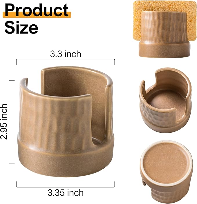 Sponge Holder for Kitchen Sink, Ceramic Sink Caddy Scrub Sponge Tray Dish Rack for Scrubbers, Kitchen Organizer, Brown
