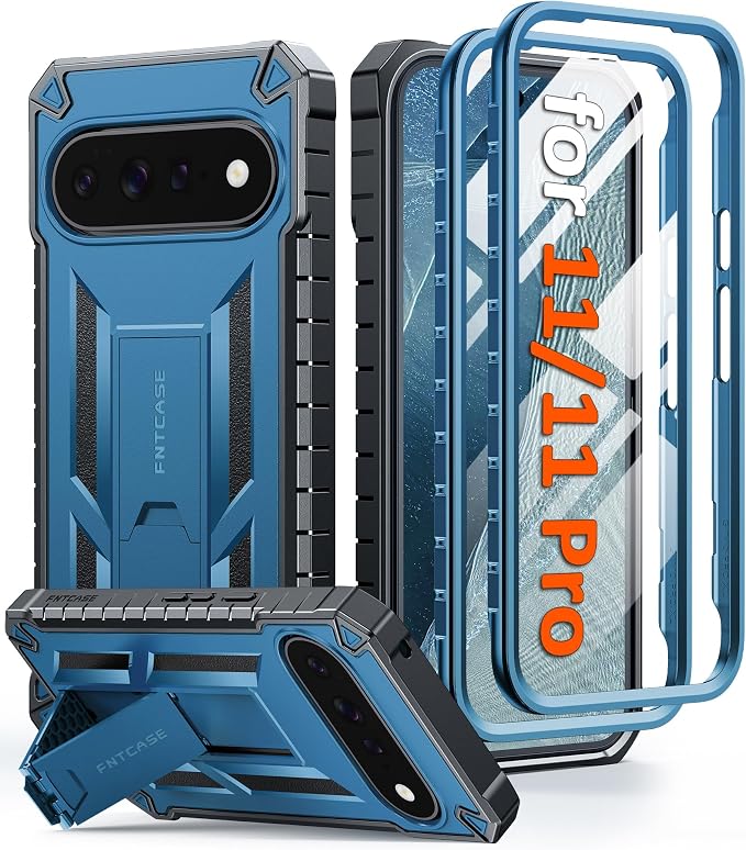 FNTCASE for 11 Pro XL Case Rugged Kickstand 2 Front Frames Black | Built-in Screen Protector 20FT Military-Grade Drop Protection Rugged Heavy Duty Shockproof Full Body Protective Cover