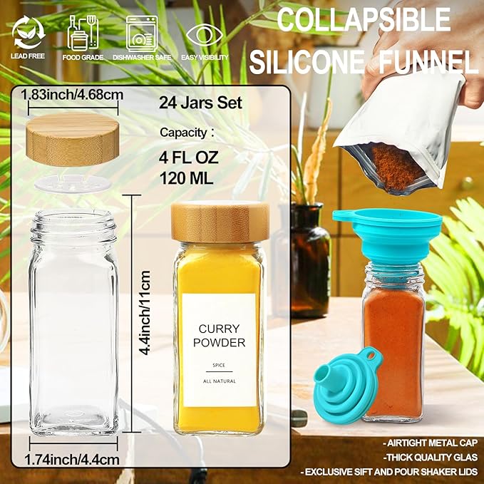 AISIPRIN Glass Spice Jars with 398 Labels, 24 pcs 4oz Spice Containers with Bamboo Lids, Square Spice Bottles With Shaker Lids,Spice Organization for Cabinet,Drawer,Rack,Seasoning Organizer