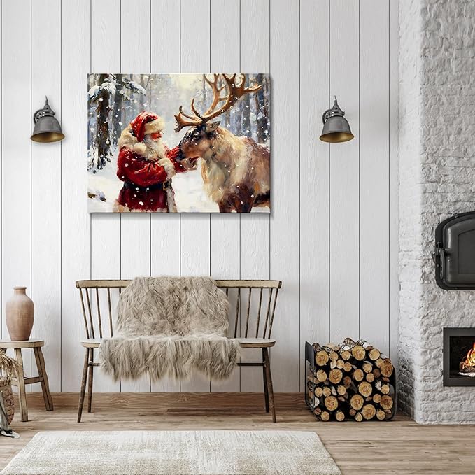 Vintage Reindeer and Santa Claus Christmas Wall Art, Rustic Framed Christmas Picture for Livingroom Bedroom, Ready-to-Hang Christmas Gifts & Festive Winter Wall Decorations