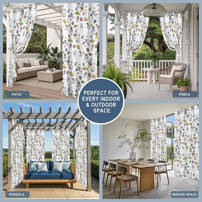 Cartoon Space Outdoor Curtains for Patio Astronauts Spacecraft Rockets