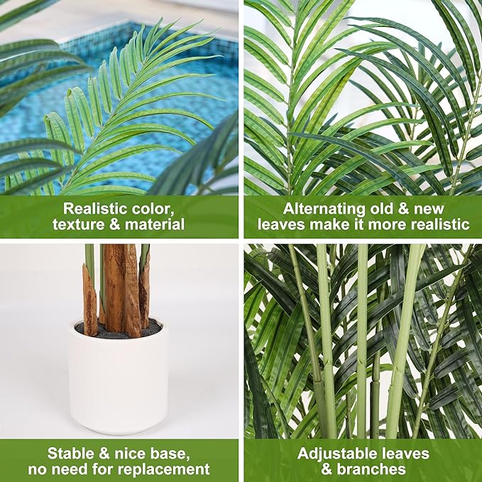 Artificial Palm Tree 6Ft Faux Silk Green Realistic Decorative Tall Fake Potted Plants Artificial for Bedroom Living Room Office Home Decor Indoor Outdoor