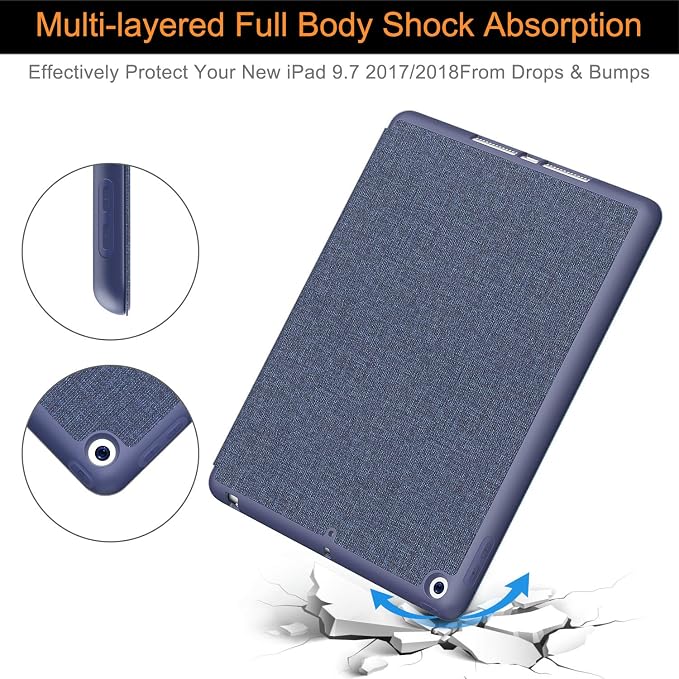 Soke Case Fits for iPad 6th/5th Generation with Pencil Holder - [Full Body Protection + Auto Wake/Sleep] Shockproof Soft TPU Back Cover for Apple iPad 9.7 inch 2018/2017 Black