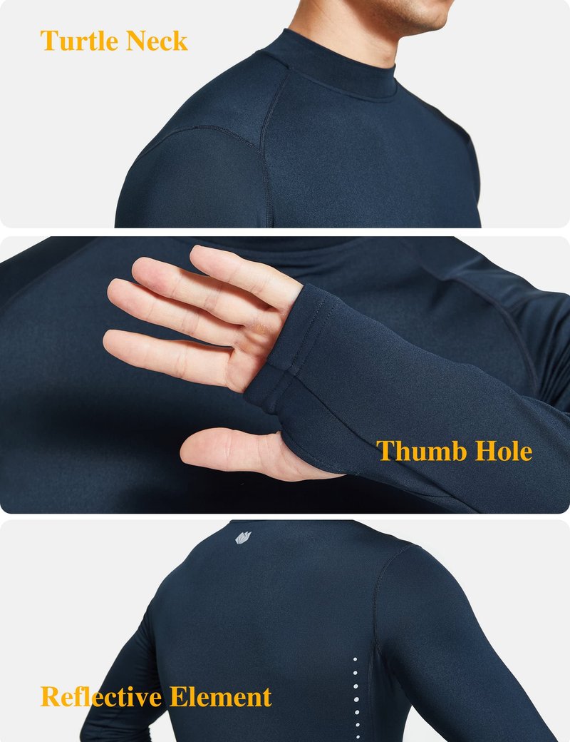 FitsT4 Sports Men's Thermal Shirt Fleece Lined Mock Neck Base Layer Tops Long Sleeve Running Athletic Shirt with Thumbholes Navy L