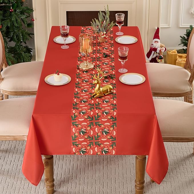 Christmas Tablecloth Rectangular 60x102 Inch Waterproof Table Cloth for 6ft, Washable Polyester Table Cover for Xmas Party, Winter Holiday Home Decoration in Festive Red 1pack
