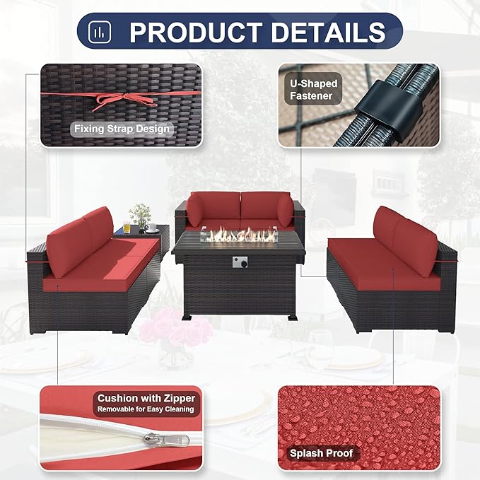 Kurapika 13 Pieces Patio Furniture Set, Rattan Wicker Outdoor Conversation Sets w/43in Propane Fire Pit Table, Swivel Rocking Chairs Patio Sectional Sofa w/4 Inch Cushion, Red