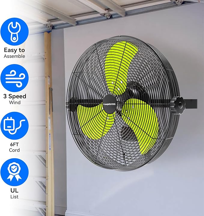 Fanqiebros 4580 CFM 18 inch High Velocity Wall Mounted Fan, 3-Speed Metal Fan with Sealed Motor, 360 Degree Tliting Heavy Duty Wall Fan for Patio, Barn, Garage, and Gazebo - UL listed