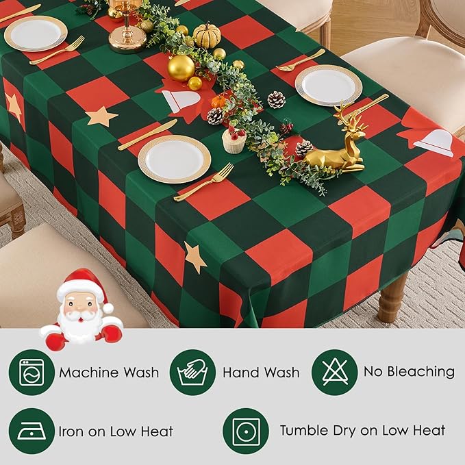 Christmas Tablecloth Rectangular 60x84 Inch for 4ft Waterproof, Machine Washable Checkered Polyester Table Cover for Xmas Party, Winter Holiday Home Decoration in Festive Checkered Star 1pack