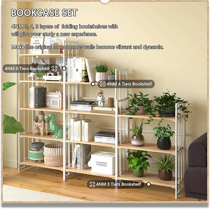 4NM No Assembly 5 Tiers Folding Bookshelf, 59.4" H Foldable Storage Shelves Vintage Bookcase Standing Racks Study Organizer Home Office - Natural White