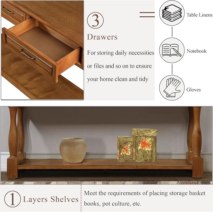 LKTART Solid Wood Console Table for Entryway,Long Sofa Table with 3 Drawers for Hallway,Foyer,Entry,Easy Assembled (63" Brown)