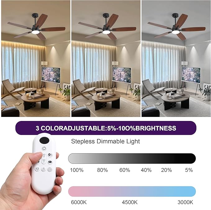 ARTPLAN 52" Ceiling Fan with Light and Remote, Noiseless DC Motor & Reversible Blades - Flush Mount LED Ceiling Fan for Bedroom, Living Room, Dining Room,Black