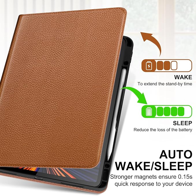 Genuine Leather Case for iPad 11th Gen 11/10th Gen 10.9 Black | Pencil Holder Adjustable Stand Auto Wake/Sleep Shockproof