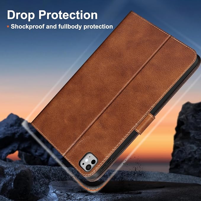 Gexmil Leather Case for iPad Pro 13 Inch M5/M4 2025/2024Crocodile Brown | Genuine Leather Cover with Magnetic ClosureSmart Folio Auto Sleep/WakeProtective ShockproofAdjustable Stand