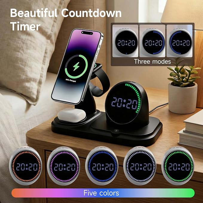 6-in-1 Wireless Charging Station with 30W Fast Adapter RGB Ambient Light Digital Clock &amp Bluetooth Speaker Multi-Function Desktop Charger for Wireless Charging Phones Earbuds &amp Watch
