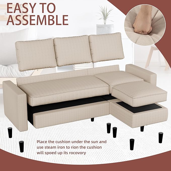 JAMFLY Sectional Sofa Couch Convertible L Shaped Sofas with Ottoman Small Sectional Couches for Living Room, 3 Seater Couch for Small Spaces, Khaki