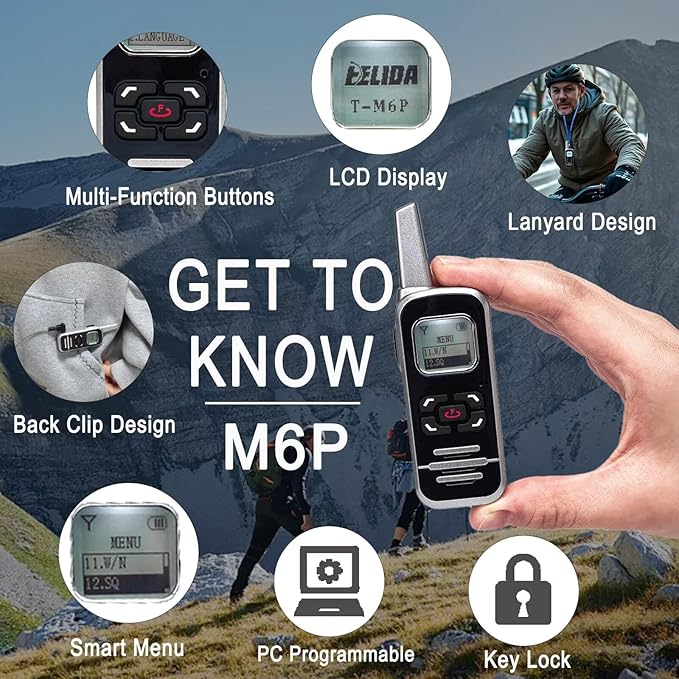 ELIDAIP M6P Mini Walkie Talkies,1100mAh Battery Rechargeable,128 Channels,Long Range Walkie Talkies with FM Radio Function,LCD Display,Portable Two Way Radio for Trip Camping Hiking Workplace,2 Pack