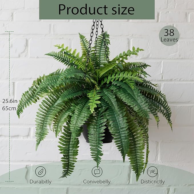 Fake Ferns 2Pack Artificial Ferns for Outdoors 25.6In Large Faux Ferns UV Resistance for Outdoor Large Planter Realistic Artificial Boston Fern Plants for Garden Balcony Terrace Decor 38Leaves