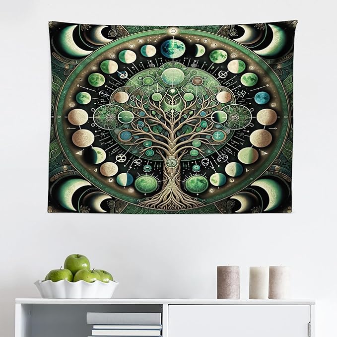 Ambesonne Green Tapestry, Moon Phases Around a Tree of Life Enhance Night Boho Astrology Design Print, Fabric Wall Hanging Decor for Bedroom Living Room Dorm, 28" X 23", Black Ecru and Blue