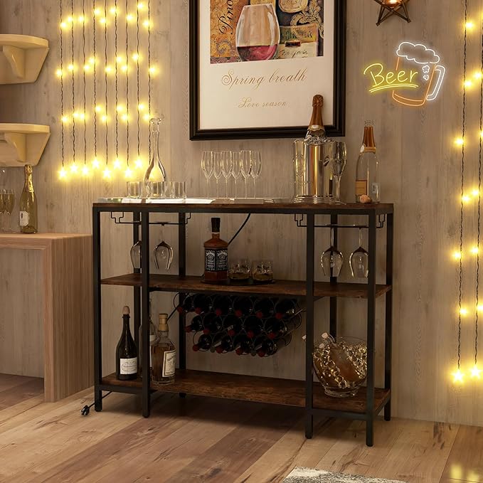 COSTWAY Wine Bar Cabinet, 3-Tier Home Mini Bar for Liquor w/Power Outlets, Glass Holder, Wine Rack, Anti-Tipping Kit, Metal Coffee Bar Table for Home Apartment Kitchen Living Room Pub (Brown)