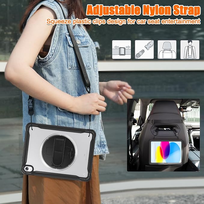 Case for iPad (A16) 11th/10th Generation 2025/2022 11/10.9 inch Rugged Shockproof Protective Cover with Screen Protector 360° Rotating Hand Strap&ampStand Pencil Holder Black
